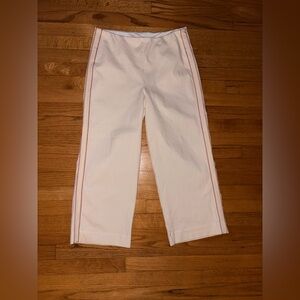 LYSSÉ New York White Pinstripe Crop Pants | Size Large | Red Side Stripe